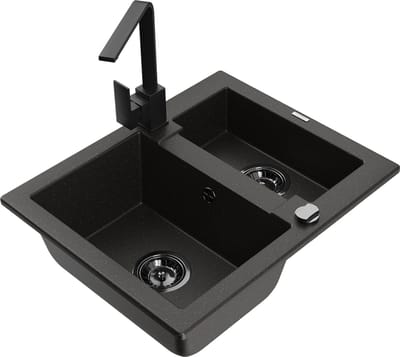 Mexen Carlos granieten gootsteen 1,5-kamer met keukenkraan Rita, zwart/gouden metallic - 6518-75-670300-70-B