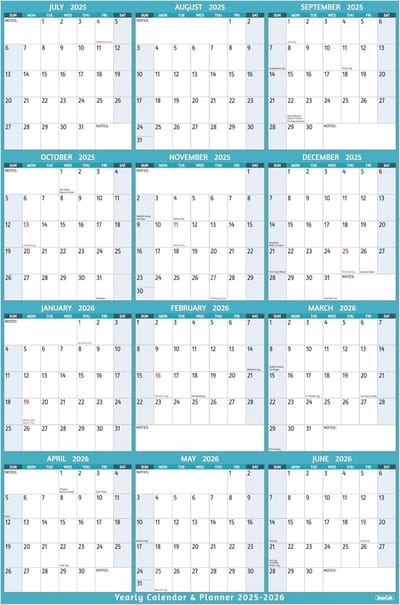 Grote jaarlijkse wandkalender 2025-2026 - 25" x 38,3" (open) met notities en stickers