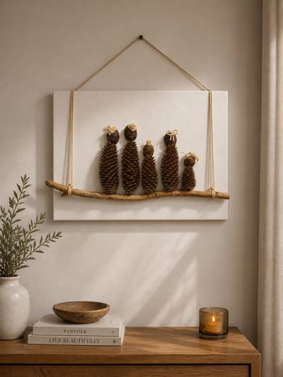 Handgemaakt Wanddecoratie met Dennenappels op Hout – Uniek Natuurlijk Kunstwerk – Landelijke Stijl