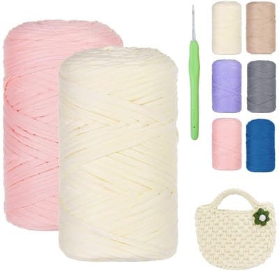 garen 2 x 200 g, lintgaren voor haken en breien, haakgaren voor tassen, textielgaren voor manden, tapijten, woondecoratie, haakgaren, dik garen voor doe-het-zelf kunsthandwerk (wit en roze)