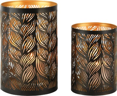 Dekoratief | Set 2 Waxinelichthouders 'Flowing Flowers', zwart/goud, metaal, 13x13x20cm | A248200