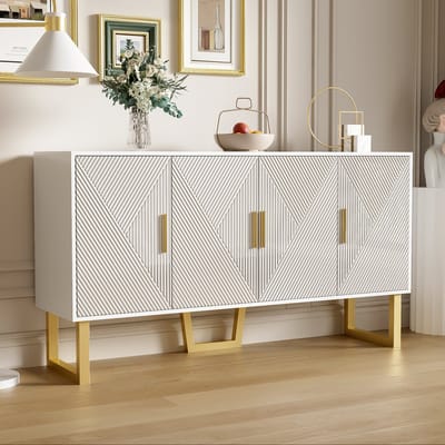 REDOM Sideboard 150 cm wit – modern luxe, hoogglans deuren met structuur, 4-deurs met verstelbare planken, matte gouden poten