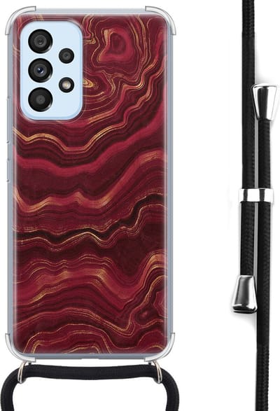 Hoesje met koord - Geschikt voor Samsung Galaxy A53 - Marmer rood agate - Verstelbaar zwart koord - Crossbody - Marmer - Transparant - Leuke Telefoonhoesjes