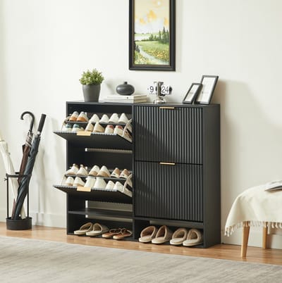 Wishdor - Schoenenkast - smal 24,1 cm diep - klepkast met open vak - modern - voor hal en entree - houtlook met metalen details - zwart - 110,9 x 24,1 x 120 cm
