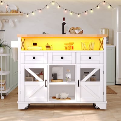 REDOM - Keukentrolley - Uitschuifbaar En Inklapbaar Met Ledverlichting - Modern - Voor Keuken - MDF En Metaal - Wit - 120 X 43/71 X 98 Cm