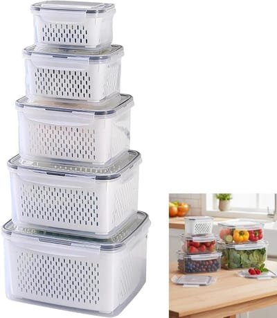Praktische koelkastorganizer met uitneembare zeefjes voor het opbergen van fruit, groenten en bessen - 5-delige set met verschillende formaten