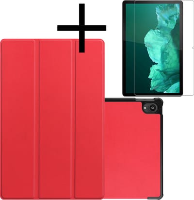 Hoes - Geschikt voor Lenovo Tab P11 Plus - Met Screenprotector - Trifold Bookcase - Hard Cover - Hardcover Book Case - Tablet Hoesje - Rood