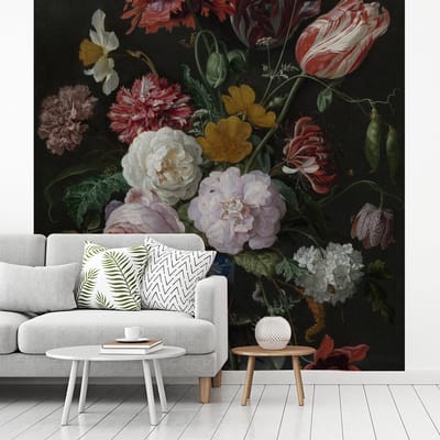 Behang - Fotobehang Stilleven met bloemen in een glazen vaas - Schilderij van Jan Davidsz. de Heem - Breedte 220 cm x hoogte 220 cm