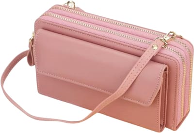 Dames Lange Portemonnee Crossbody Tas - Grote Capaciteit Clutch met Dubbele Rits, Schoudertas voor Mobiele Telefoon en Kaarten - Roze