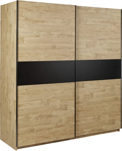Schuifdeurkast Livia Eiken - Breedte 200 cm - Hoogte 217 cm - Diepte 69 cm - Met hanggedeelte - Met planken - Met schuifdeur