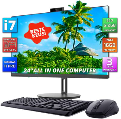 GMR All in One Desktop Computer met snelle Intel i7 | 24 Inch HD Scherm | 16GB RAM | 512GB SSD | USB3 | Windows 11 PRO | Draadloze Toetsenbord & Muis | HD Webcam | WiFi + Bluetooth | Direct klaar voor gebruik