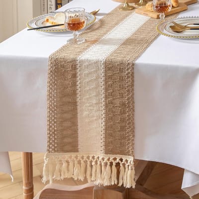 meioro Tafelloper met tweekleurige naden, boho, 33 x 120 cm, moderne tafelloper met kwastjes, linnen en katoen, decoratie voor keuken, eetkamer, woonkamer (bruin en wit)
