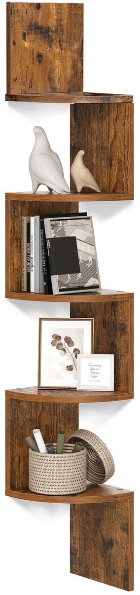 Zwevende wandplank -Hoekplank - 5 niveaus- Ruimtebesparende Opslag voor Boeken, Foto's, Planten-Donkerbruin Vintage.