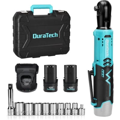 DURATECH Elektrische Ratelsleutelset, Accuratelsleutel 12 V, 3/8 Inch, 65 Nm, Draadloze Ratelschroevendraaier met 2 x 2,0 Ah Accu's, LED-licht,