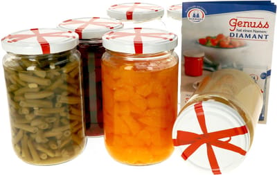 Set van 6 ronde potten 720 ml Naar 82 lintdeksel incl. Diamant Gelierzauber receptenboekje
