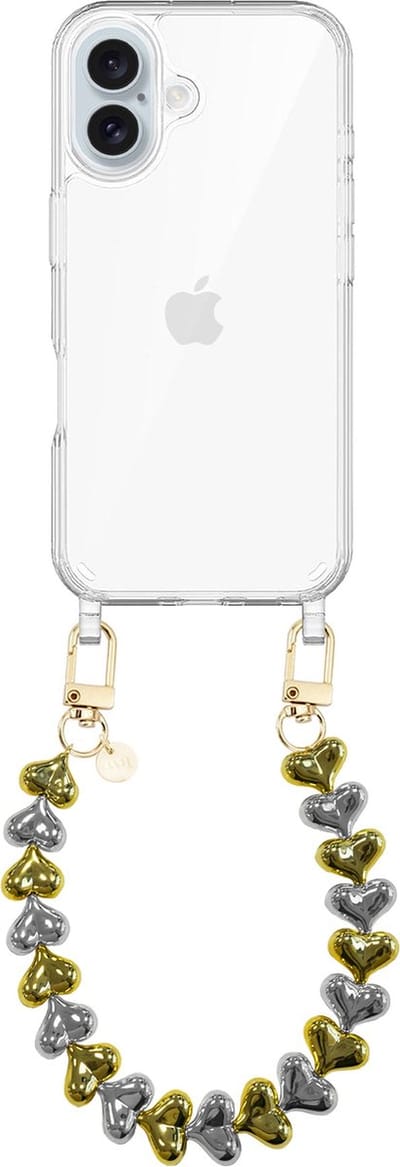 xoxo Wildhearts siliconen hoesje geschikt voor iPhone 16 Plus hoesje - Funky Hearts - Telefoonhoesje - Hoesje met koord - Goud / Zilver koord - kort telefoonkoord - Hartjes ketting - Transparant hoesje