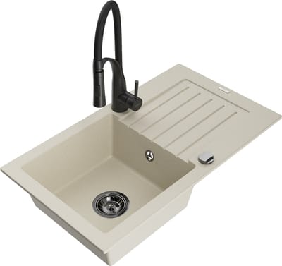 Mexen Pablo granieten spoelbak 1-kompartment met afdruiprek en keukenmengkraan Aster, beige - 6510-69-73450-70-B