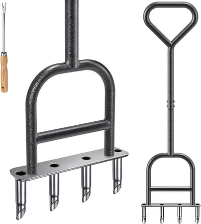 Verbeterde Grondbeluchter met Holle Tanden - Handmatige Tuinplugger voor Grondverbetering, 4-prong Aeratietool met Stevige Handgreep en Klei-afgiftefunctie voor Gezond Gras
