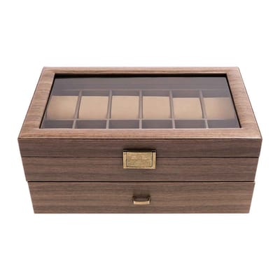 Casa Living Horlogedoos - Voor 24 Horloges - Dubbellaags Opbergsysteem - Houten Displaybox met Glazen Deksel - Bruin Design