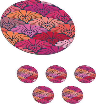 Onderzetters voor glazen - Rond - Patronen - Art Deco - Roze - Bloemen - 10x10 cm - Glasonderzetters - 6 stuks