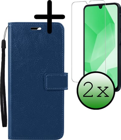 Hoesje Met 2x Screenprotector - Geschikt voor Samsung Galaxy A16 - Luxe Pasjeshouder - Bookcase Portemonee - Flip Case - Kunstleer Book Case - Flipcase Hoes - Book Cover - Walletcase - Portemonneehoes - Donkerblauw