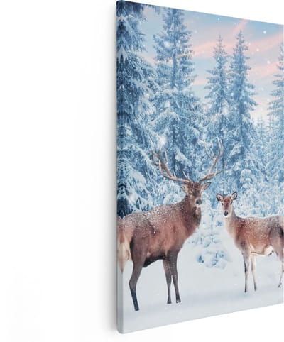 Artaza Canvas Schilderij Hert - 80x120 cm - Groot - Wanddecoratie Winter - Muurdecoratie Bos - Schilderijen Op Canvas