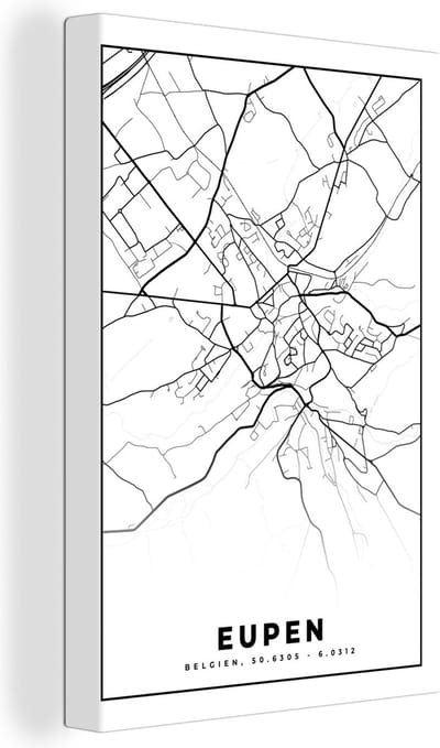 Canvas Schilderij België – Eupen – Stadskaart – Kaart – Zwart Wit – Plattegrond - 20x30 cm - Wanddecoratie