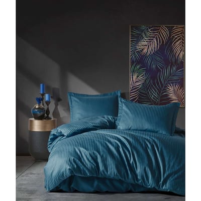 Parure de lit - 1 housse de couette 140 x 200cm + 1 taies d'oreiller 60 x 60 cm - Satin - Imprimé rayures Bleu