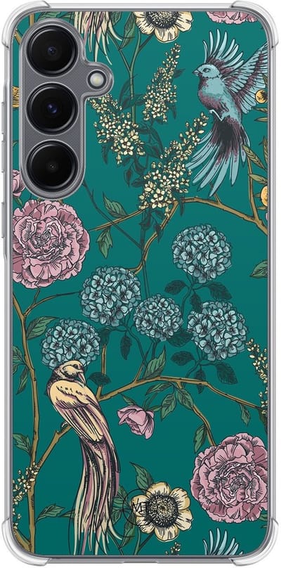 Hoesje (shockproof) geschikt voor Samsung Galaxy A15 - Vogels Japanse bloemen - Extra sterke case - TPU/polycarbonaat - Bloemen - Groen, Transparant