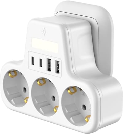 SnelShoppen - 7-in-1 Stekkerdoos met USB-C en 3 Aardlekschakelaars, 3680W, Kantoor Socket, Wit, Multifunctionele Oplader voor Thuis, Camping en Meer