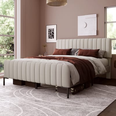 Wishdor – Gestoffeerd Bed 140x200 cm – Verstelbaar Hoofdbord – Strak & Comfortabel – Massief Hout & Linnen – Grijs-Beige