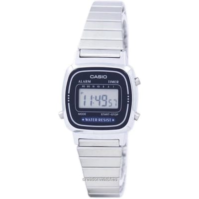 Casio Vintage LA670WA-2DF Mini Digitaal Horloge met Zilverkleurige Roestvrijstalen Horlogeband
