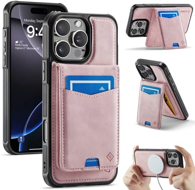 Casemania Hoesje Geschikt voor Apple iPhone 16 Pro Max - Pale Pink - Geschikt voor MagSafe - Back Cover met Afneembare Magnetische Pasjeshouder met Standaard - Telefoonhoesje en Kaarthouder