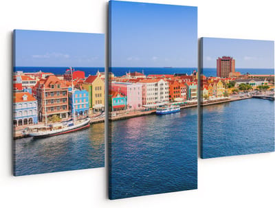 Artaza Canvas Schilderij Drieluik Willemstad Centrum in Curaçao - 150x120 - Groot - Foto Op Canvas - Canvas Print