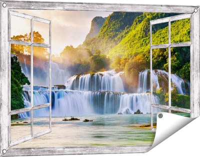 Gards Tuinposter Doorkijk Watervallen tussen de Bomen - 90x60 cm - Tuindoek - Tuindecoratie - Wanddecoratie buiten - Tuinschilderij