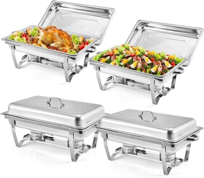 Chafing Dish Set van 4 - 9 Liter (8 Qt) - RVS Buffetwarmer - Inclusief Deksel & Brandstofhouder - Opvouwbaar - Voor Catering, Feesten & Bruiloften - Zilver