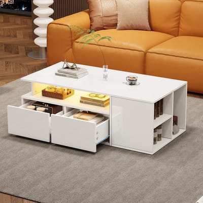 Lemlit Salontafel - 100x50x35 cm - LED-verlichting - Salontafel voor de woonkamer - Bijzettafel met 2 lades - Veel opbergruimte - Modern - Wit