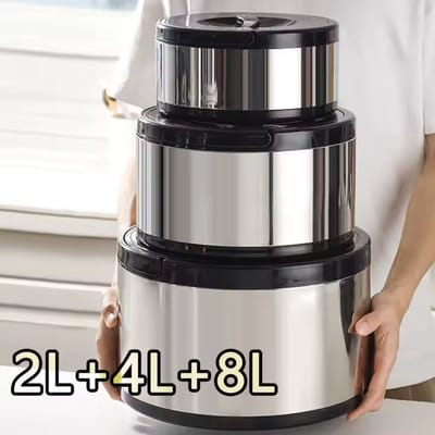 RVS Lunchbox & Kookset – 3-delig – 1L / 2L / 4L – Isolerende Vershoudbakken met Handvat – Grote Inhoud – Dubbelwandig – Zwart – Lekvrij & Duurzaam