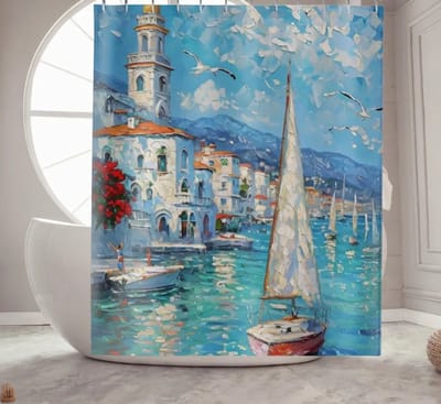 Floraweg Douchegordijn,Shower Curtain,badgordijn,badkamergordijn,Haven zeilboot aquarel digitale printen -Anti Schimmel - Inclusief 12 ringen -met 12 stuks douchegordijnhaken – Waterdicht -Wasbaar- Polyester - 180x200 cm