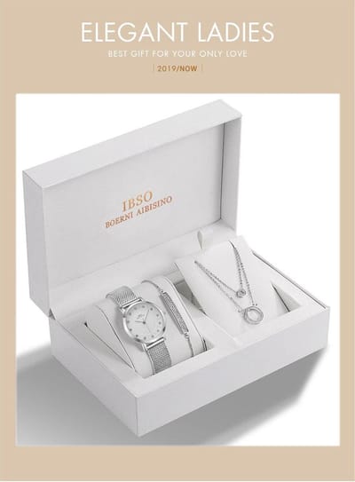 Boerni Aibisino Zilverkleurig Horloge met Diamantjes  Armband en Ketting Zilver luxe geschenk set luxe geschenk set | Crystal glass | Premium kwaliteit uurwerk Quartz Japan | Mineraal | Geschenk | Fashion | Elegant | Dames | Vrouw | Black Friday