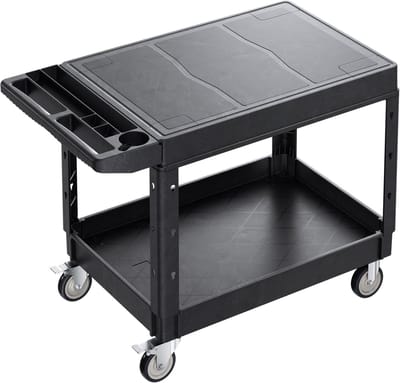 Utilitywagen met 250 kg Capaciteit – 94 x 64 cm Tweeplank Duurzame Plastic Wagen, Uitgerust met 360° Draaibare Wielen (2 Vergrendelbare), Ideaal voor Magazijnen, Garages en Schoonmaaktaken