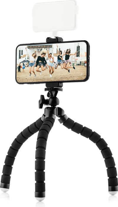 MOJOGEAR Flexibel statief met schuimrubber poten – Geschikt voor telefoon / compactcamera / GoPro — Tot 26 cm hoog — met telefoonhouder — Zwart
