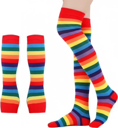 Kniekousen met regenboogstrepen en vingerloze handschoenen voor carnaval en feestoutfits