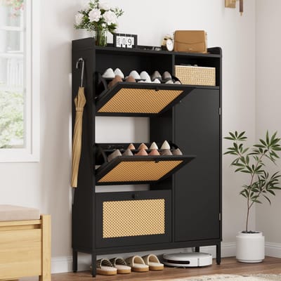 Schoenenkast Smal met Rotan Front - 90x23x131cm - Zijhaken - 3 Klepkasten en 4 Lagen Compartimenten - Hoogte Verstelbare Planken - Voor Hal en Woonkamer - Zwart