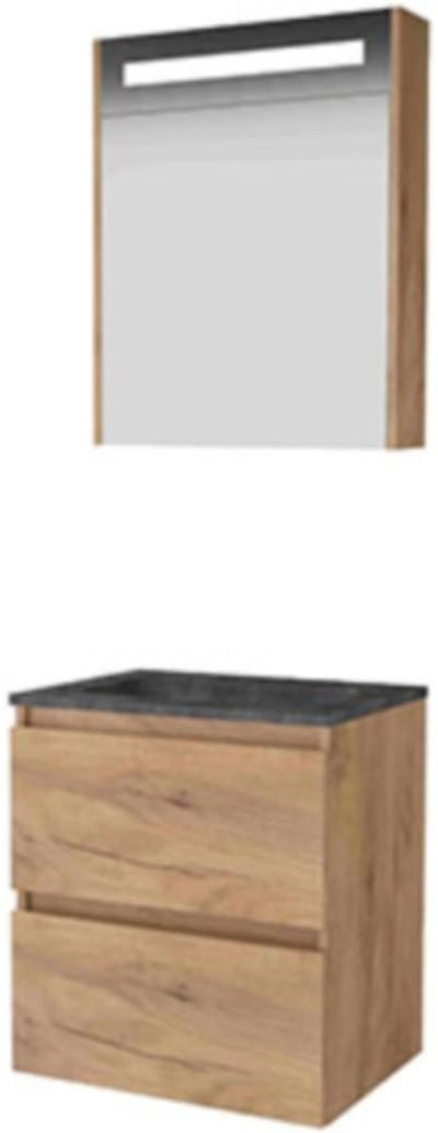 Basic-Line Premium 46 Badkamermeubelset - 60 x 46 cm - Greeploos - 2 Lades - Hardstenen Wastafel - 1 Kraangat - Spiegelkast met LED Verlichting - Whisky Oak