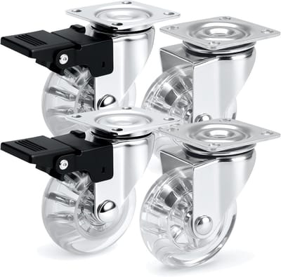 Set van 4 Transparante Meubelwielen 50mm - 2 Zwenkwielen en 2 met Rem - 20kg Draagkracht