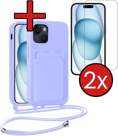 Hoesje Geschikt voor iPhone 15 Plus Hoesje Met Telefoonkoord en Pasjeshouder Met 2x Screenprotector Siliconen - Hoes Geschikt voor iPhone 15 Plus Hoesje Met Kaarthouder Case - Lila