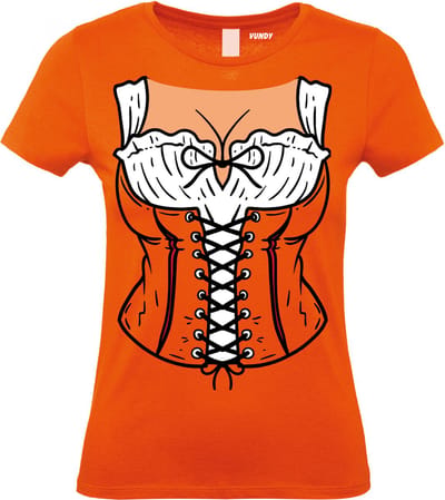 Dames T-shirt Dirndl Boezem | Oktoberfest dames heren | Carnavalskleding heren dames | Foute party | Oranje dames | maat XS