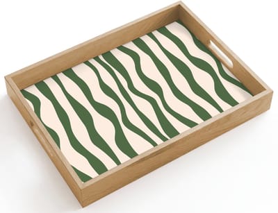 Dienblad hout 40x30 cm - Schootdienblad - Golvende lijnen - Beige - Groen - Strepen - Abstract - Borrelplank rechthoek - Plateau dienbladen