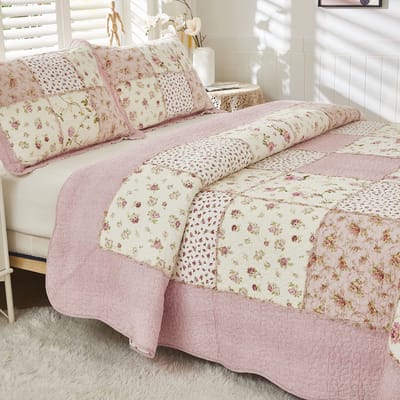 Roze roos bloemen patchwork quilts katoen queensize gewatteerde dekbed set rustieke landelijke sprei set 3-delig